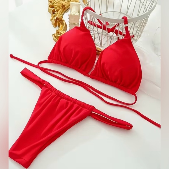 Vibrant Red Halter Cheeky Bikini Set - Picture 5 of 8